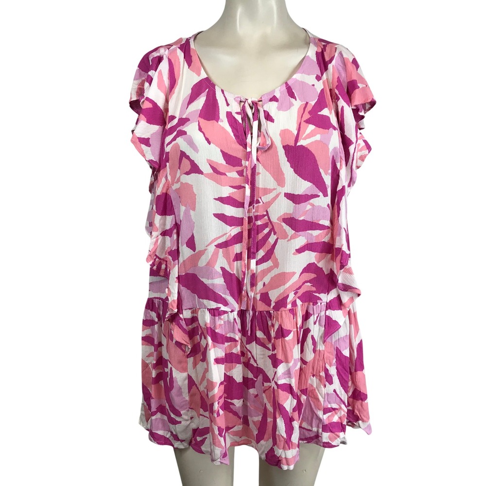 emily WONDER Women's 3X Pink White Floral Leaf Print Tunic Dress Ruffle Tie Neck